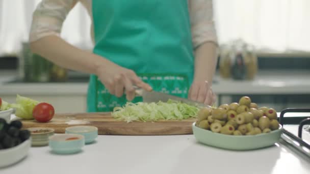 木製のボード上のサラダのためのキャベツを切る女性のクローズアップ  - 映像、動画