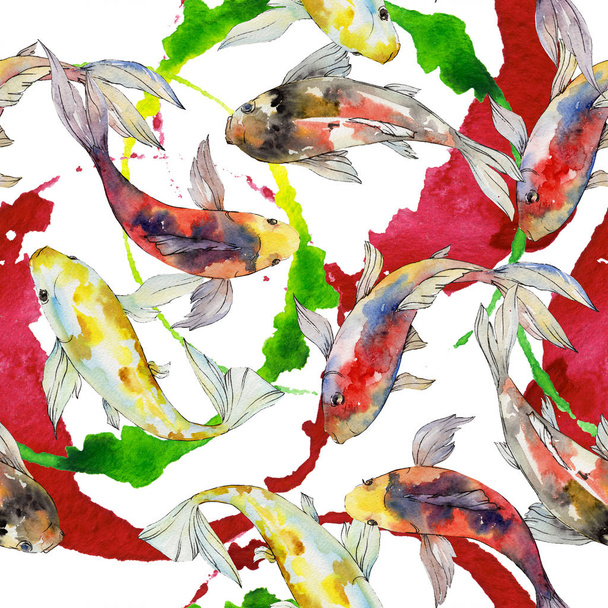 Aquatic underwater colorful tropical goldfish set. Watercolor background illustration set. Seamless background pattern. - Foto, imagen