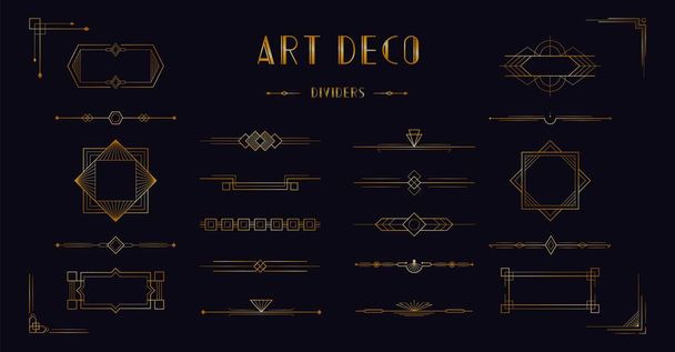 Art Deco elválasztó fejléckészlet. Arany retro Artdeco szegély 1920 20s dekoratív díszek, vektor minimal elegáns arany keret kreatív sablon design esküvői meghívó - Vektor, kép