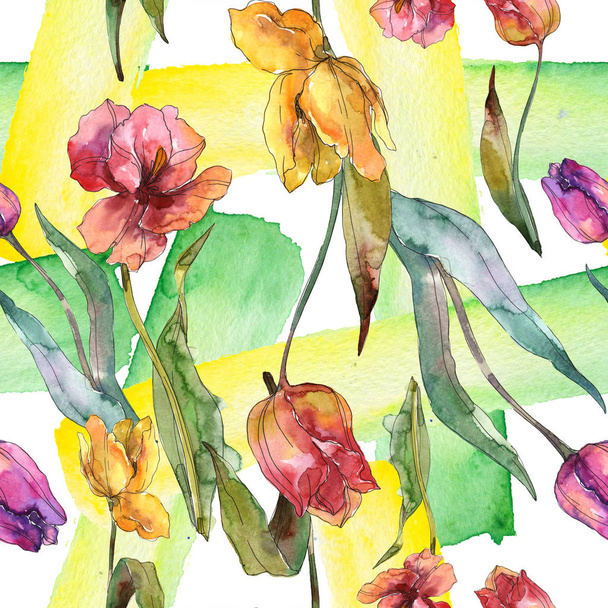 Tulipanes flores botánicas florales. Conjunto de ilustración de fondo acuarela. Patrón de fondo sin costuras
. - Foto, Imagen