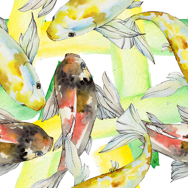 Vedenalainen värikäs trooppinen kultakala asetettu. Vesiväri tausta kuvitussarja. Saumaton taustakuvio
. - Valokuva, kuva