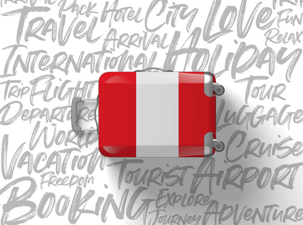 Peru flag suitcase travel background. 3D Render - Foto, Imagen