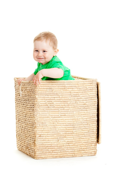 little boy inside a box on a white background - Foto, imagen