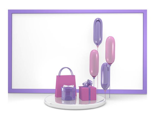 Background with gifts and balloons in purple and pink. - Photo, Image
