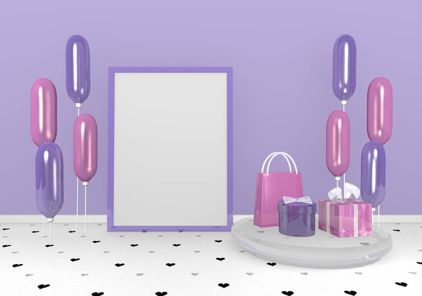 Papel de parede com presentes e balões em roxo e rosa
. - Foto, Imagem