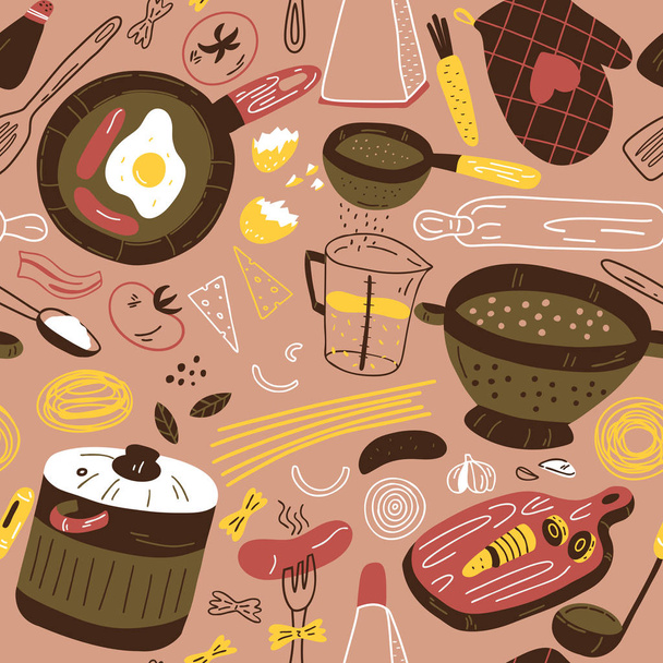 nahtlose Muster Küchengeräte mit Zutaten. handgezeichnete Illustration im Skizzenstil. - Vektor, Bild