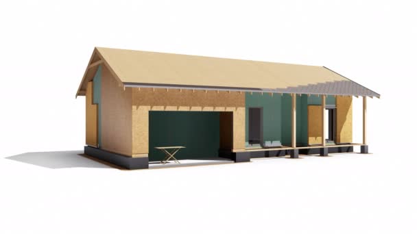 Proces montáže domu s dřevěnou konstrukcí na bílém podkladu. animace 60 fps. - Záběry, video
