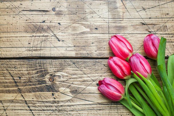 right pink purple tulips on wooden background with copy space. - Φωτογραφία, εικόνα