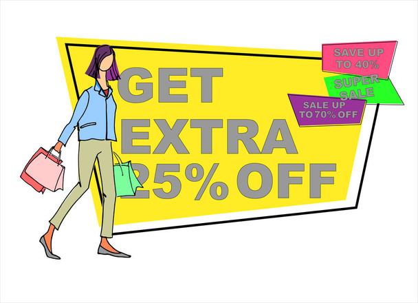 Young woman with shopping bags hand drawn vector illustration with multicolored sale signs in the back - Vector, Image