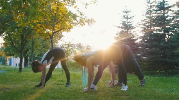 Dwie młode kobiety robią jogi asany z trenerem w parku w słońcu-jedna kobieta ma długie niebieskie dredy - Materiał filmowy, wideo