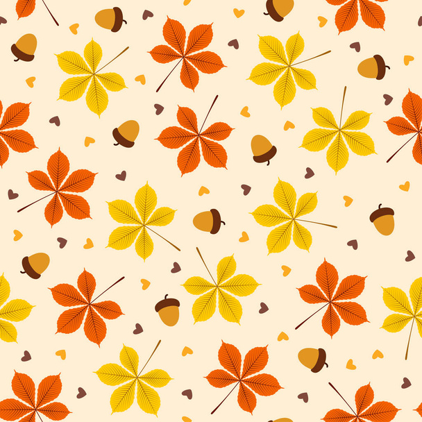 オレンジの背景に葉と秋のシームレスなパターン、ベクトルイラスト - ベクター画像