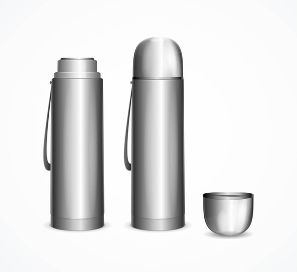 Realistic Detailed 3d Silver Blank Thermos Template Mockup Set. Vector - Вектор, зображення