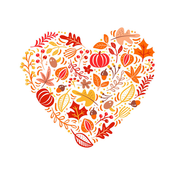 Wektor jesiennych elementów wykonanych w miłości serca. Grzyby, Żołądź, liście klonu i dyni izolowane na białym tle. Idealny na sezonowe święta, Święto Dziękczynienia - Wektor, obraz