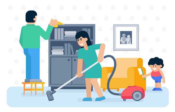 Νεαρό οικογενειακό σπίτι καθαρισμός επίπεδη απεικόνιση - Διάνυσμα, εικόνα