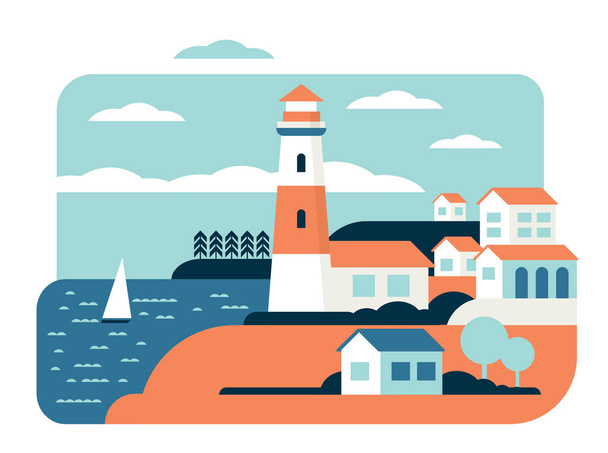 Lighthouse wonderful ocean landscape flat vector illustration - Vector, Imagen