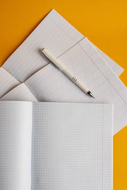 Open notebooks on a yellow background with a white pen, accessor - Photo, Image