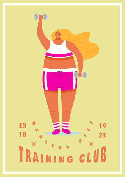 フィットネスウーマンポスター。クラブの健康スポーツ。かわいいプラスサイズのバナー。運動をしている太った女の子は、体重を減らし、ウォームアップします。パステル背景にフルボディ文字. - ベクター画像