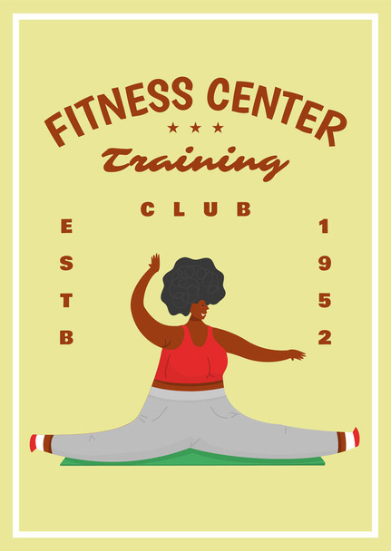 Fitness Woman Poster. Health sport in club. Cute Plus Size banner. Fat girl doing exercises, loses weight, warming up. Full body character on pastel background. - Vector, Image