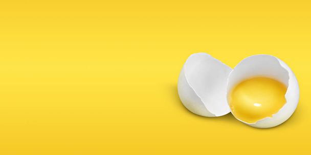 Egg minimal food concept. Broken fresh egg shell with yolk copy space on pastel yellow and orange background. Food creative - Photo, Image