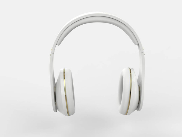Μοντέρνα ασύρματα λαμπερά λευκά ακουστικά με χρυσές λεπτομέρειες-μπροστινή όψη - Φωτογραφία, εικόνα