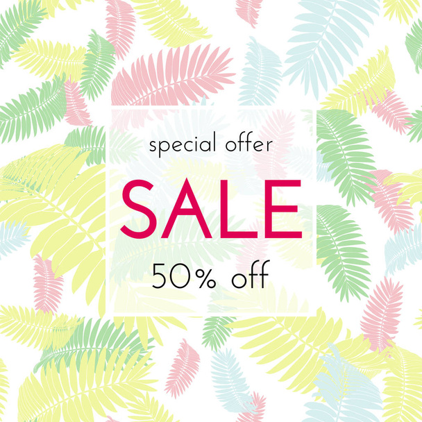 Sale floral card. Palm branch ink sketch. Fashion print for a banner, shopping, invitation, social media - Vector, Imagen