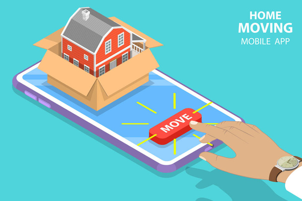 Isometric flat vector concept of home moving mobile order, relocation service. - Vector, Image