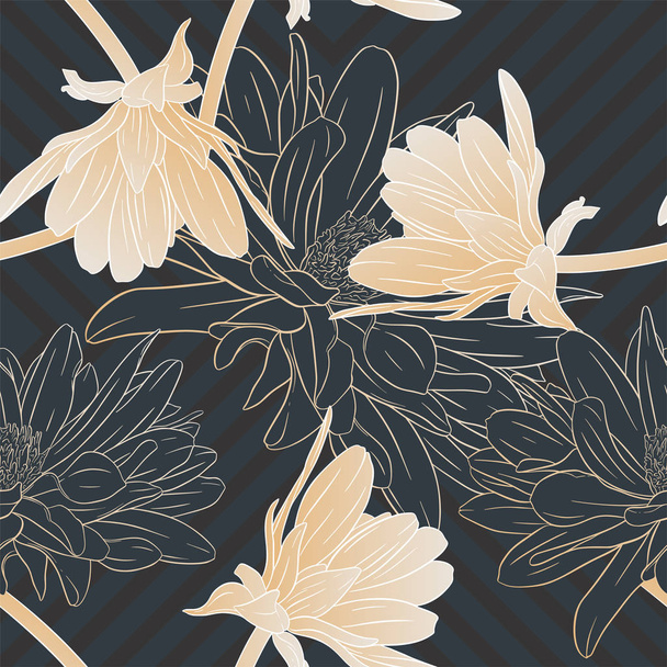 Floral seamless pattern. Plant in blossom, branch with flower ink sketch. Dahlia. Fashion floral print for a business card, banner, poster, wrapping, fabric, notebook, invitation - Vector, Imagen