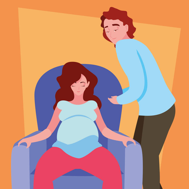 terhes feleség a kanapén ülve férjével - Vektor, kép