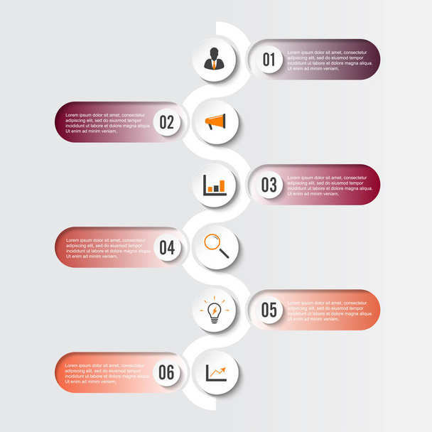 Template Tijdlijn Infografisch gekleurd horizontaal genummerd voor zes posities kan worden gebruikt voor workflow, banner, diagram, webdesign, gebiedskaart - Vector, afbeelding