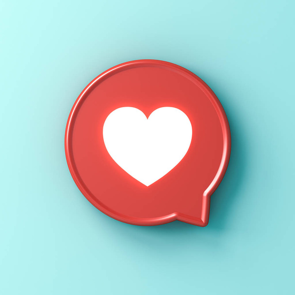 3d social media notification neon light love like heart icon in red rounded square pin isolated on light blue green pastel color  wall background with shadow 3D rendering - Photo, Image