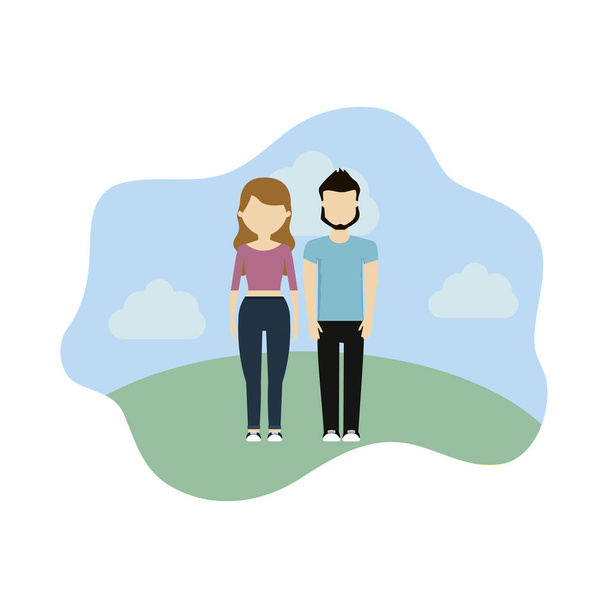 young couple in landscape scene nature - Vector, Image