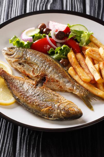 Smażone Salema Porgy ryby z bocznym daniem świeżych sałatek i fren - Zdjęcie, obraz