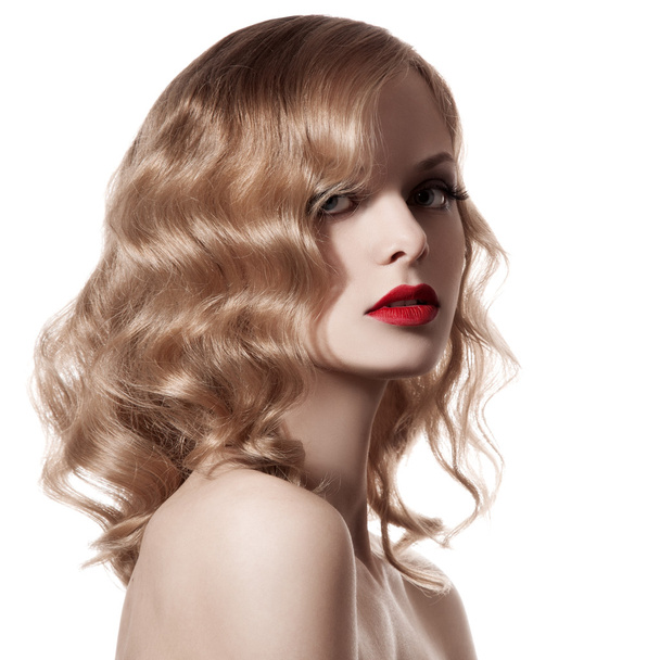 Beautiful Blond Woman. Curly Hair. White Background - Fotografie, Obrázek