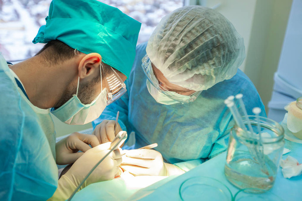 Baldness treatment. Hair transplant. Surgeons in the operating room carry out hair transplant surgery. Surgical technique that moves hair follicles from a part of the head. - Foto, Imagem