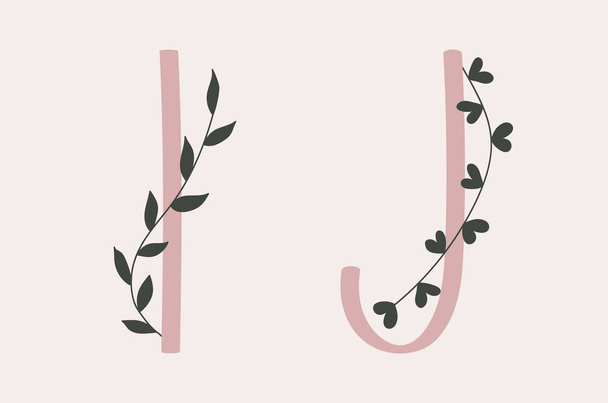 I en J brief set van een roze alfabet met florale elementen. - Vector, afbeelding