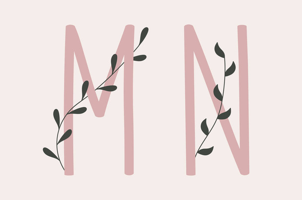 M en N letter set van een roze alfabet met florale elementen. - Vector, afbeelding