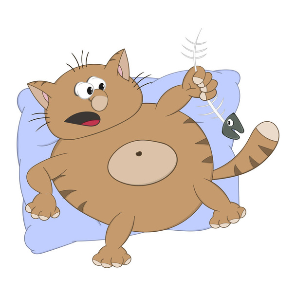 Divertente cartone animato rosso gatto si trova su un cuscino e tiene un pesce nella zampa
. - Vettoriali, immagini