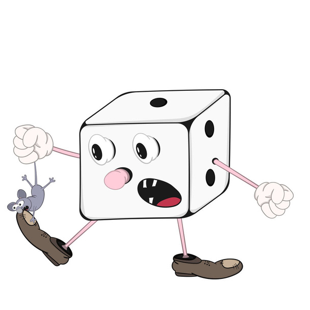 lustiges Cartoon-Würfelspiel mit Augen, Armen und Beinen, die eine kleine Maus in der Hand halten, die den Schuh beißt - Vektor, Bild