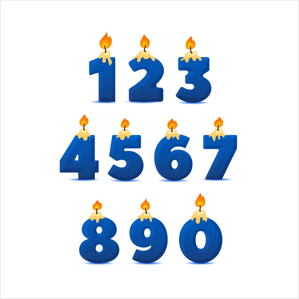 Set of colorful birthday candle numbers. Wick and fire. Vector illustration - Vector, imagen