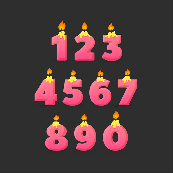 Set of colorful birthday candle numbers. Wick and fire. Vector illustration - Vecteur, image