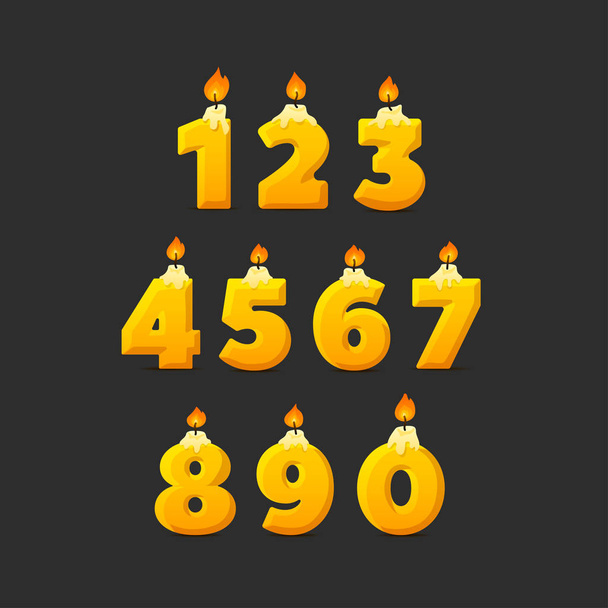 Set of colorful birthday candle numbers. Wick and fire. Vector illustration - Vettoriali, immagini