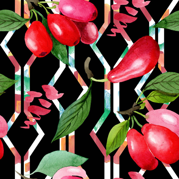 Dogwood red fruit and green leaves. Watercolor background illustration set. Seamless background pattern. - Foto, imagen