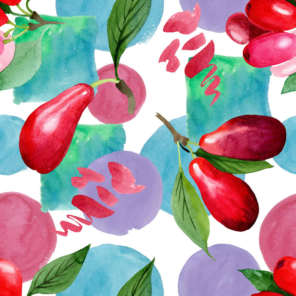 Dogwood red fruit and green leaves. Watercolor background illustration set. Seamless background pattern. - 写真・画像