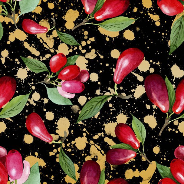 Dogwood fruta roja y hojas verdes. Conjunto de ilustración de fondo acuarela. Patrón de fondo sin costuras
. - Foto, imagen