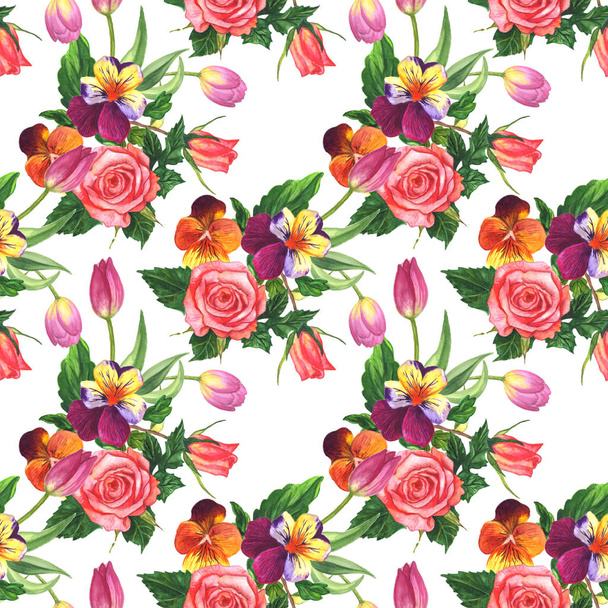 Viola, rose and tulip floral botanical flower. Watercolor background illustration set. Seamless background pattern. - 写真・画像