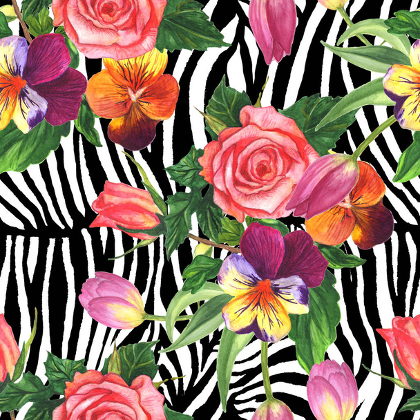 Viola, Rose en Tulip Floral botanische bloem. Aquarel achtergrond illustratie instellen. Naadloos achtergrond patroon. - Foto, afbeelding