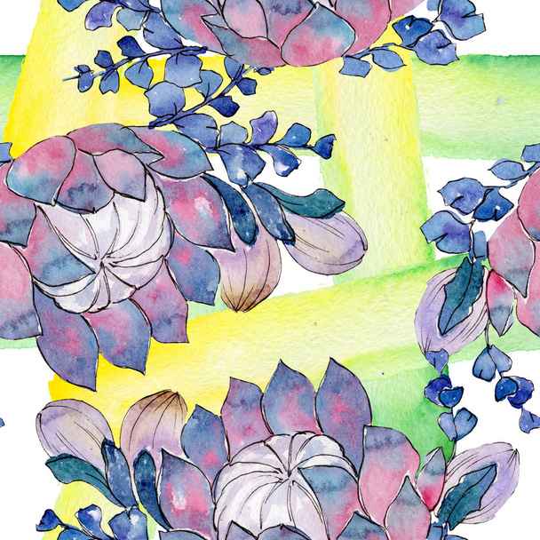 Bouqet succulent floral botanical flowers. Watercolor background illustration set. Seamless background pattern. - Photo, Image