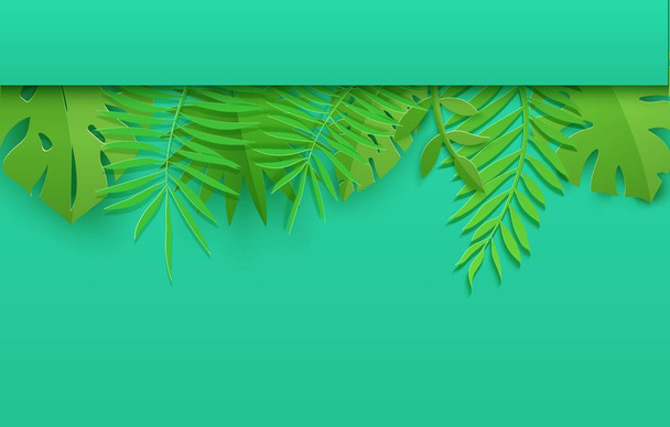 Horizontal top border of summer tropical leaves in paper cut style. Craft jungle plants collection on green background. Creative vector card illustration in paper cutting art style. - Vector, Image