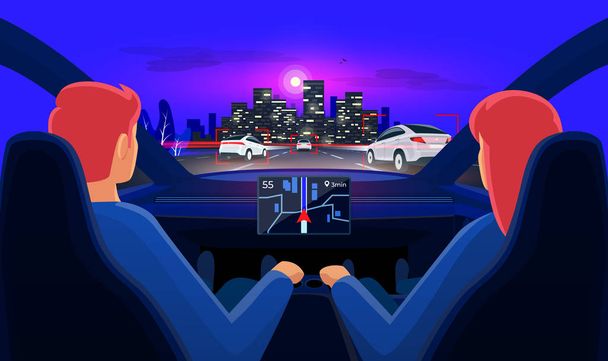 Ζευγάρι μέσα στο εσωτερικό αυτόνομο αυτοκίνητο στο μποτιλιάρισμα της οδικής κυκλοφορίας με τον ορίζοντα της νυχτερινής πόλης. - Διάνυσμα, εικόνα
