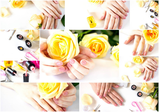 Collage Nails care. Beautiful manicured woman's nails with pink  - Photo, Image